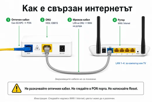 Свързване на оптичния кабел, ONU и рутера